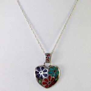 Sterling Silver & Inlay Mosaic Flowers of Turquoise / Coral / Sodalite Necklace